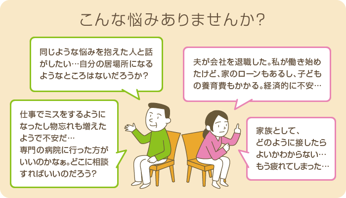 こんな悩みありませんか？「同じような悩みを抱えた人と話がしたい…自分の居場所になるようなところはないだろうか？」「仕事でミスをするようになったし物忘れも増えたようで不安だ…専門の病院に行った方がいいのかなぁ。どこに相談すればいいのだろう？」「夫が会社を退職した。私が働き始めたけど、家のローンもあるし、子どもの養育費もかかる。経済的に不安…」「家族として、どのように接したらよいかわからない…もう疲れてしまった…」